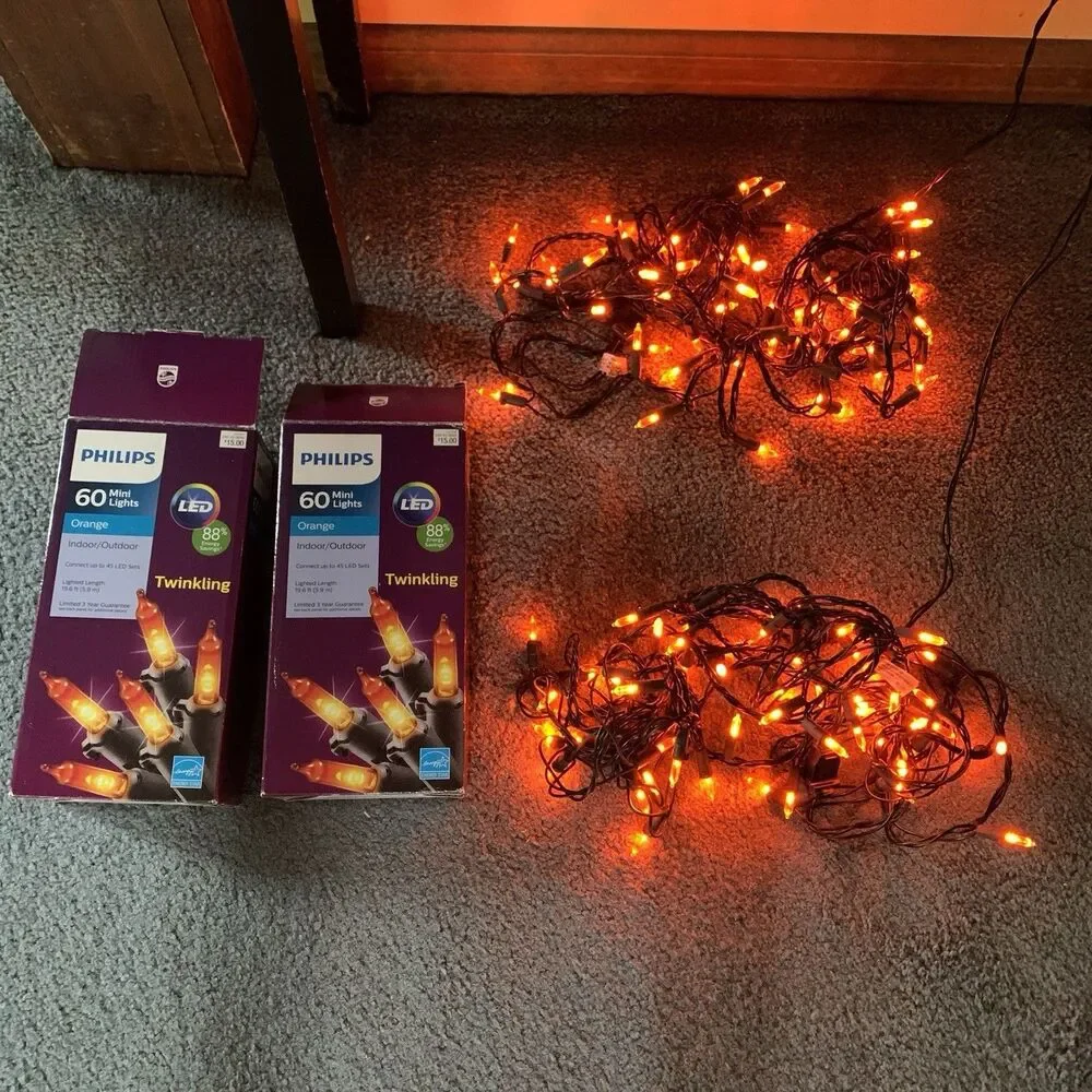 Philips 60 Orange Halloween Mini Lights 19.6 FT Twinkling Lot Of 2